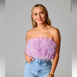 BuddyLove Fancy Strapless Feather Crop Top - Lavender - S / Purple / Solids